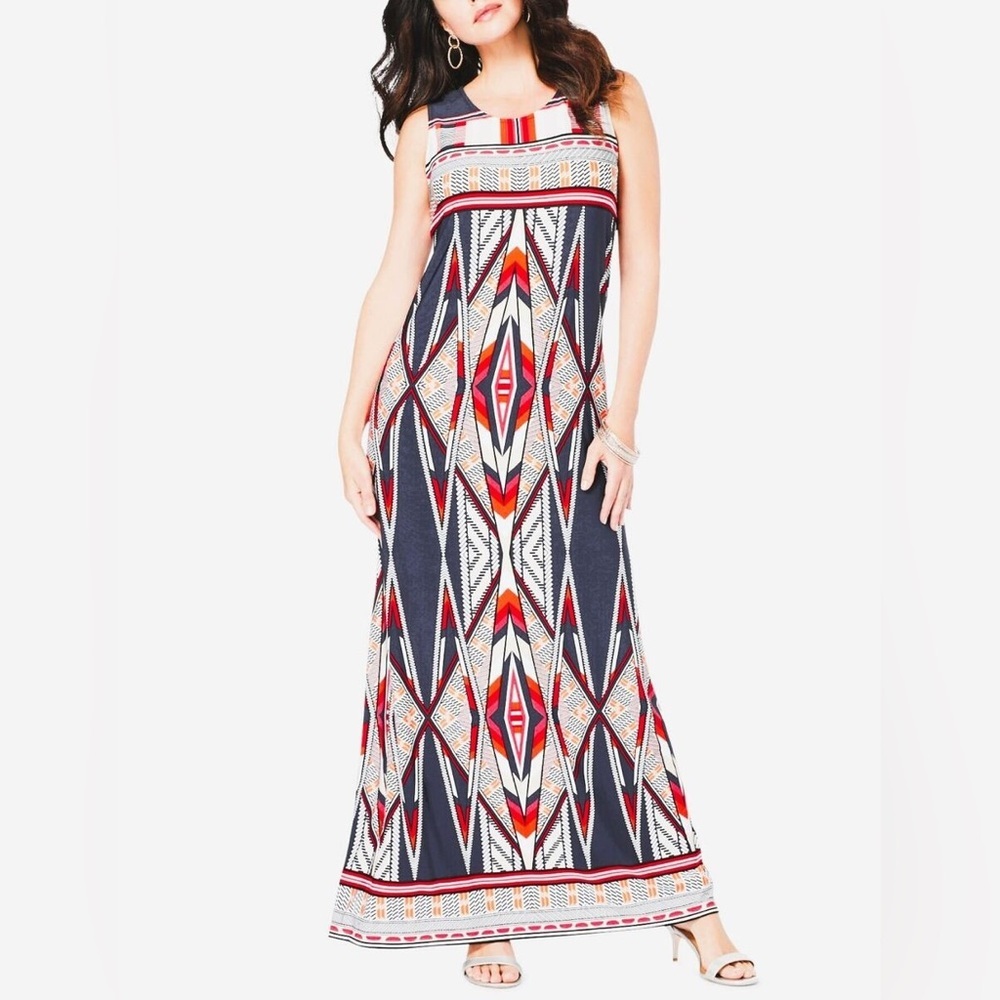 Denim 24/7  Plus Size Navy Graphic  Ultra Smooth Print Maxi Dress Sz 1X